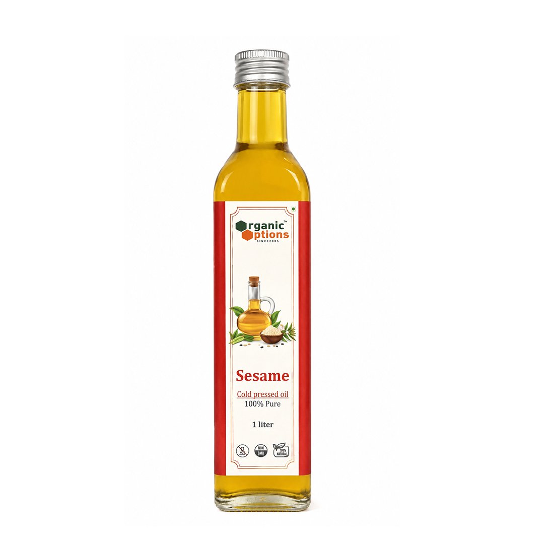 Cold pressed sesame oil in a bottle